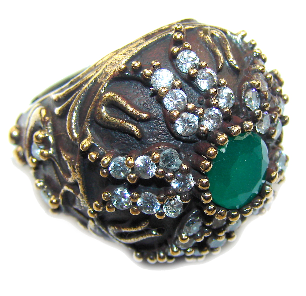 Victorian Style! Emerald & White Topaz Sterling Silver Ring s. 6