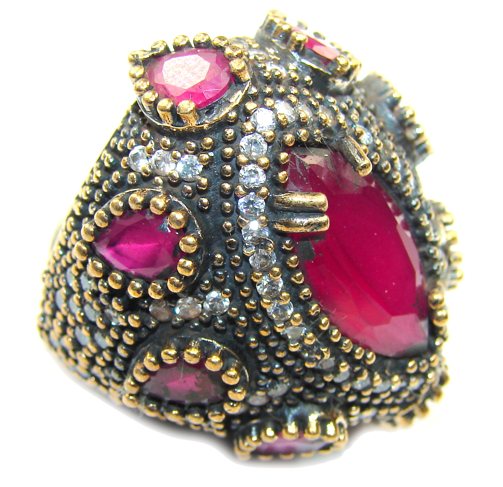 Large! Victorian Style! Ruby & White Topaz Sterling Silver Ring s. 7