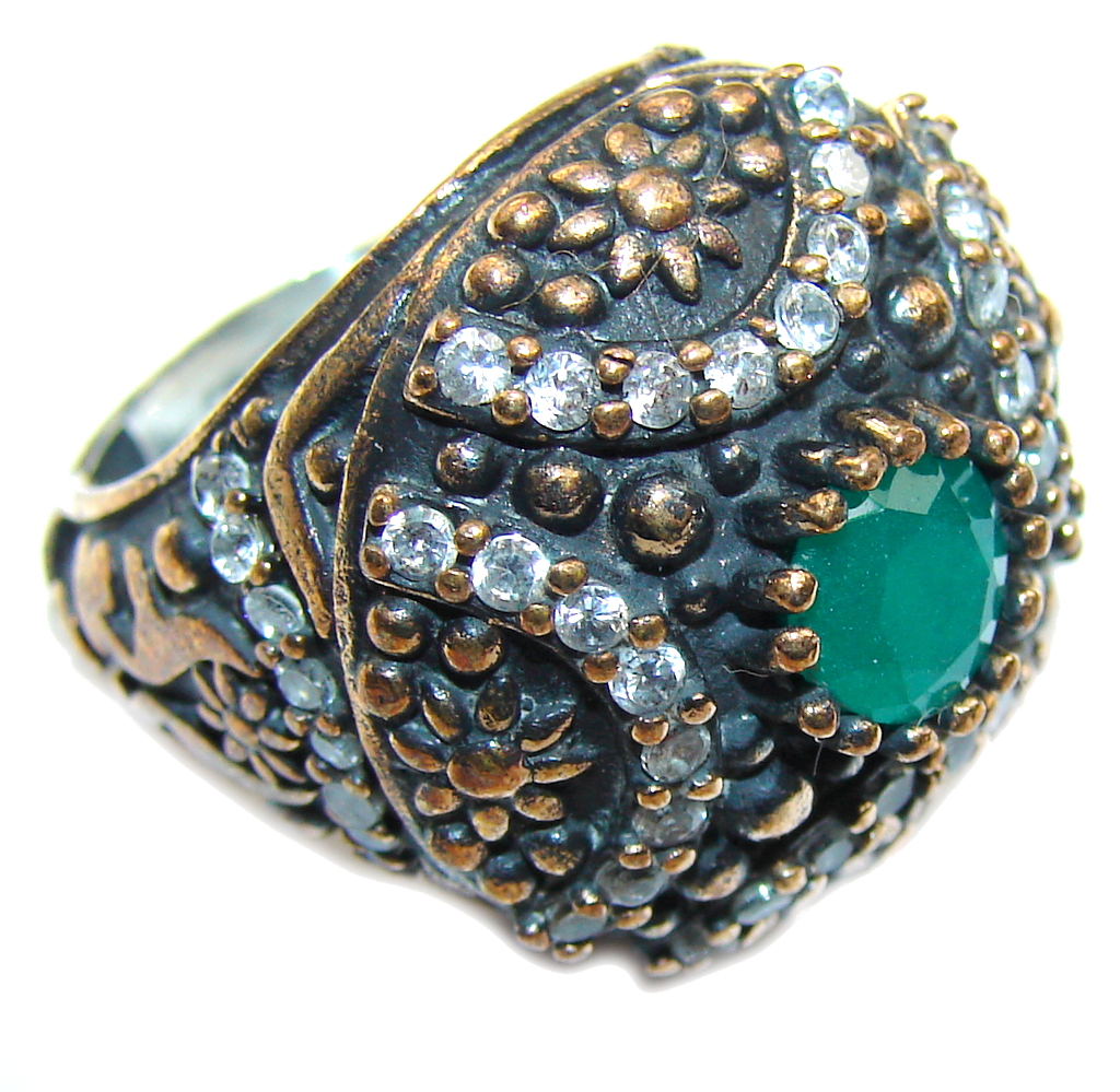 Victorian Style! Emerald & White Topaz Sterling Silver Ring s. 6 1/4