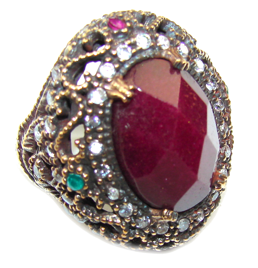 Big! Victorian Style! Red Ruby & Emerald & White Topaz Sterling Silver Ring s. 7 1/2