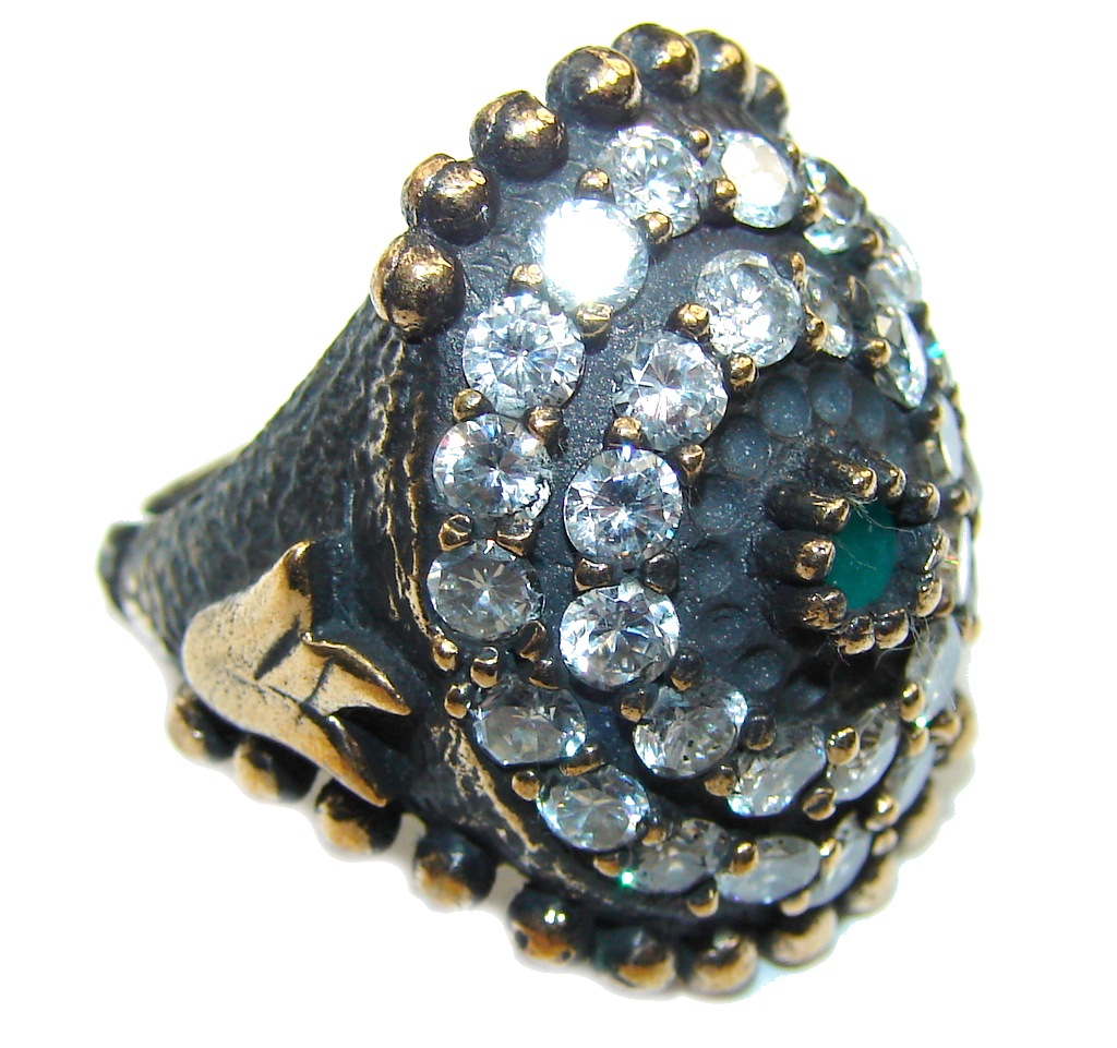Victorian Style! Emerald & White Topaz Sterling Silver Ring s. 6 1/4