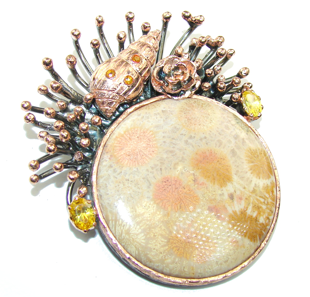 Large! Coral Reef Fossilized Coral, Rose Gold Plated, Rhodium Plated Sterling Silver pendant