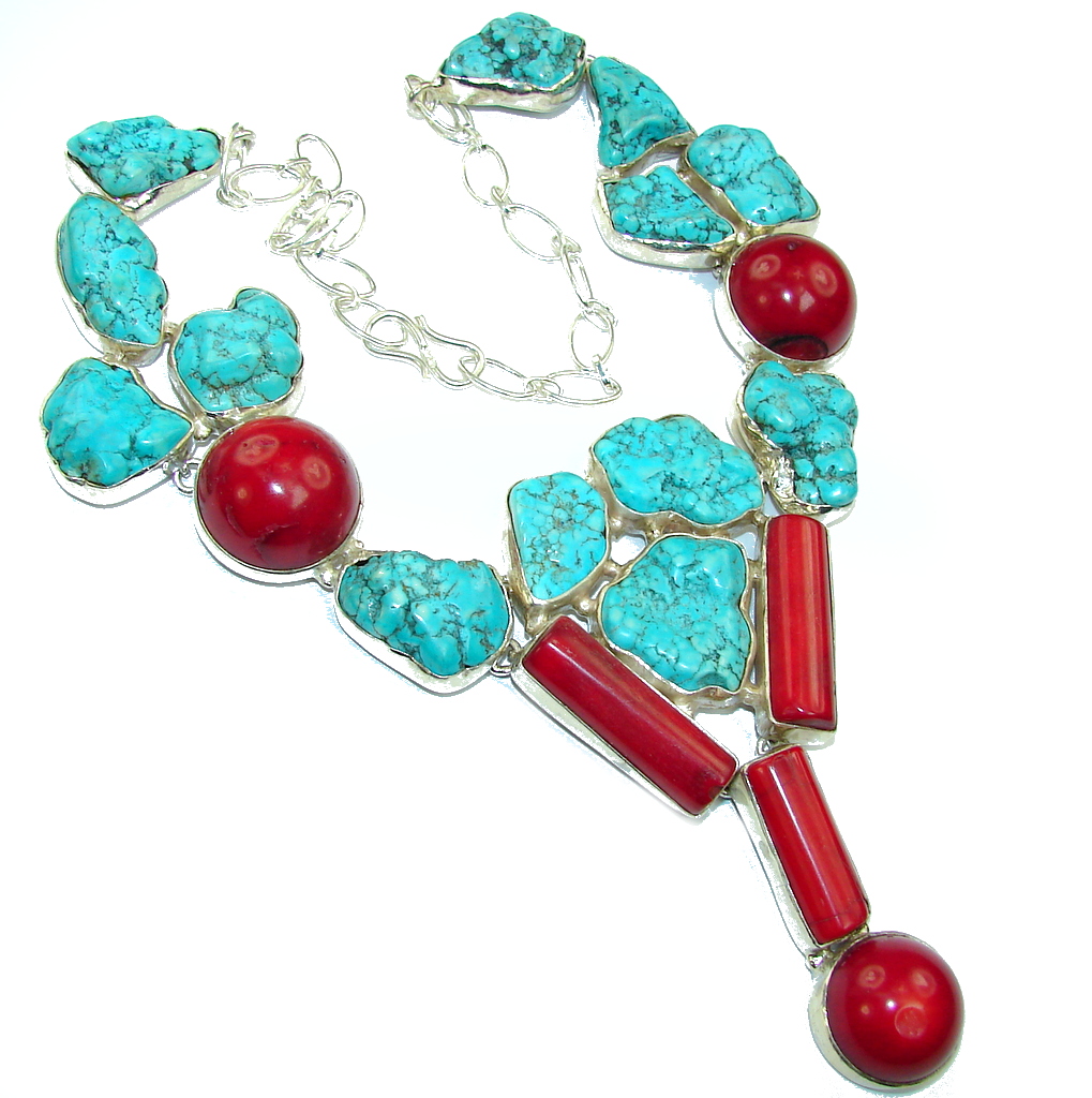 So Oversized! Southwest Design Blue Turquoise & Fossilized Coral Sterling Silver Necklace