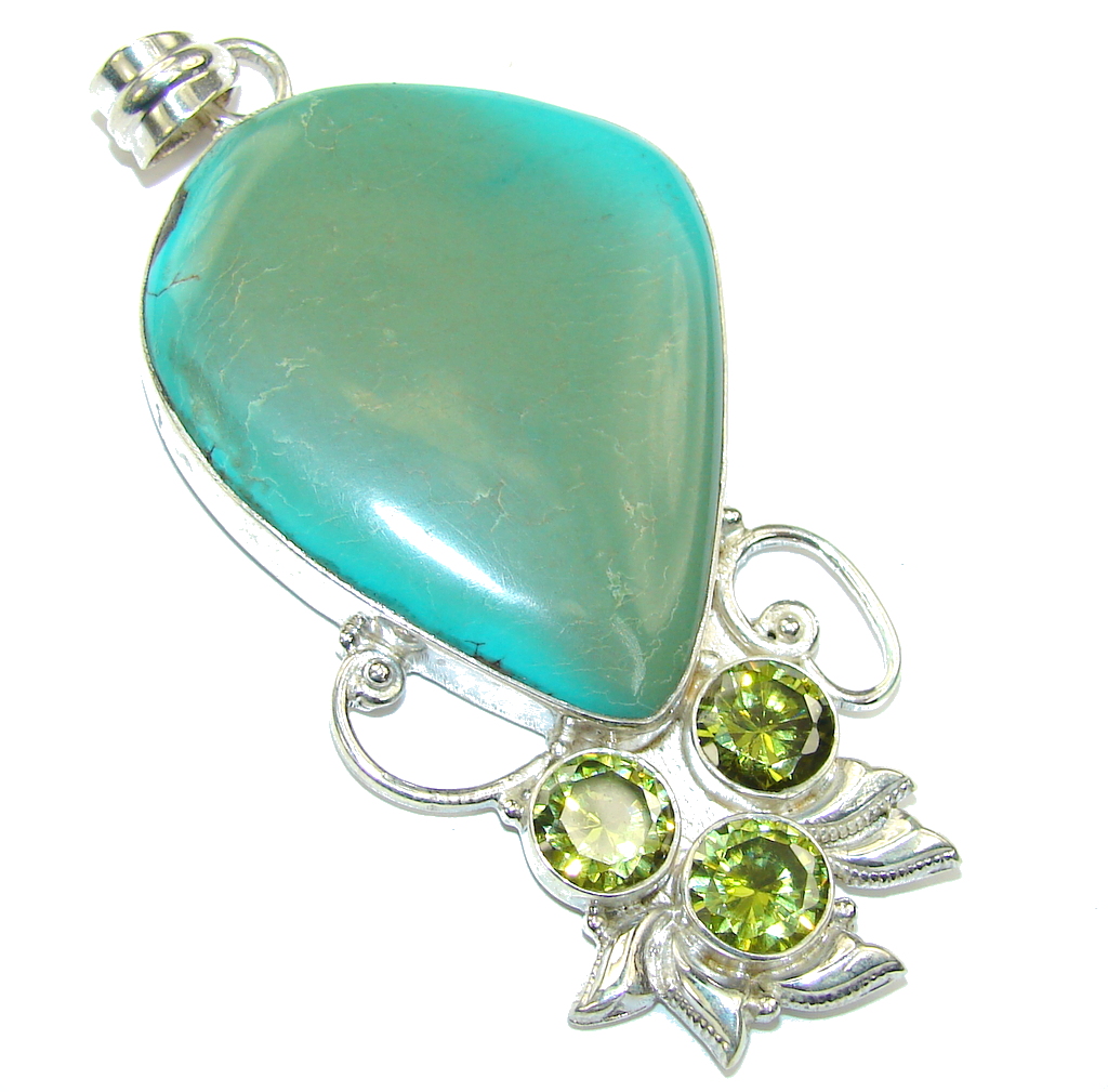 Big! Classic Beauty Green Turquoise & Green Quartz Sterling Silver Pendant