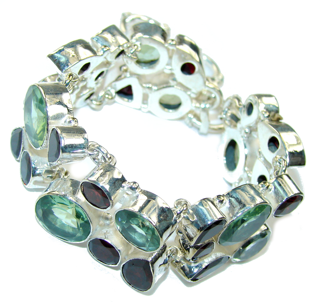 Secret Beauty! Created Green Amethyst & Created Red Garnet Sterling Silver Bracelet