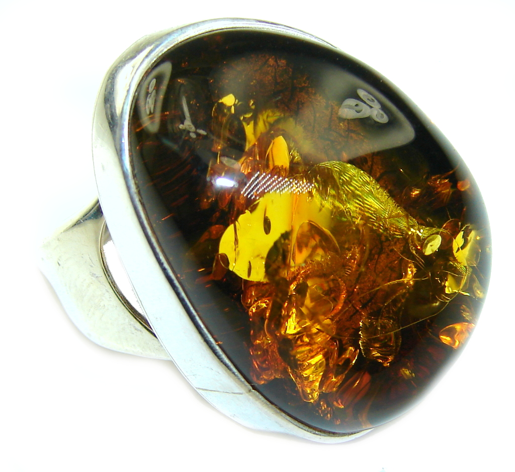 Big! Top Quality AAA Baltic Polish Amber Sterling Silver Ring s. 7- adjustable