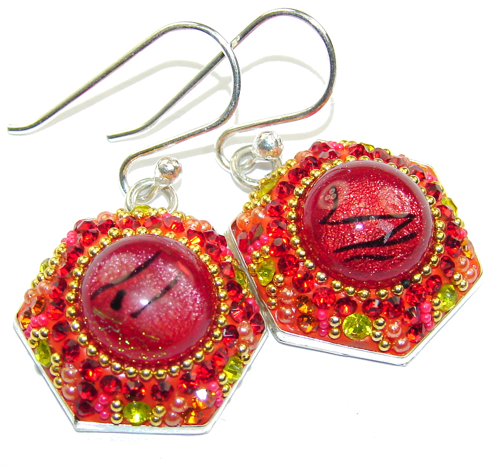 Handcrafted In Mexico Red Dichroic Glass Sterling Silver earrings