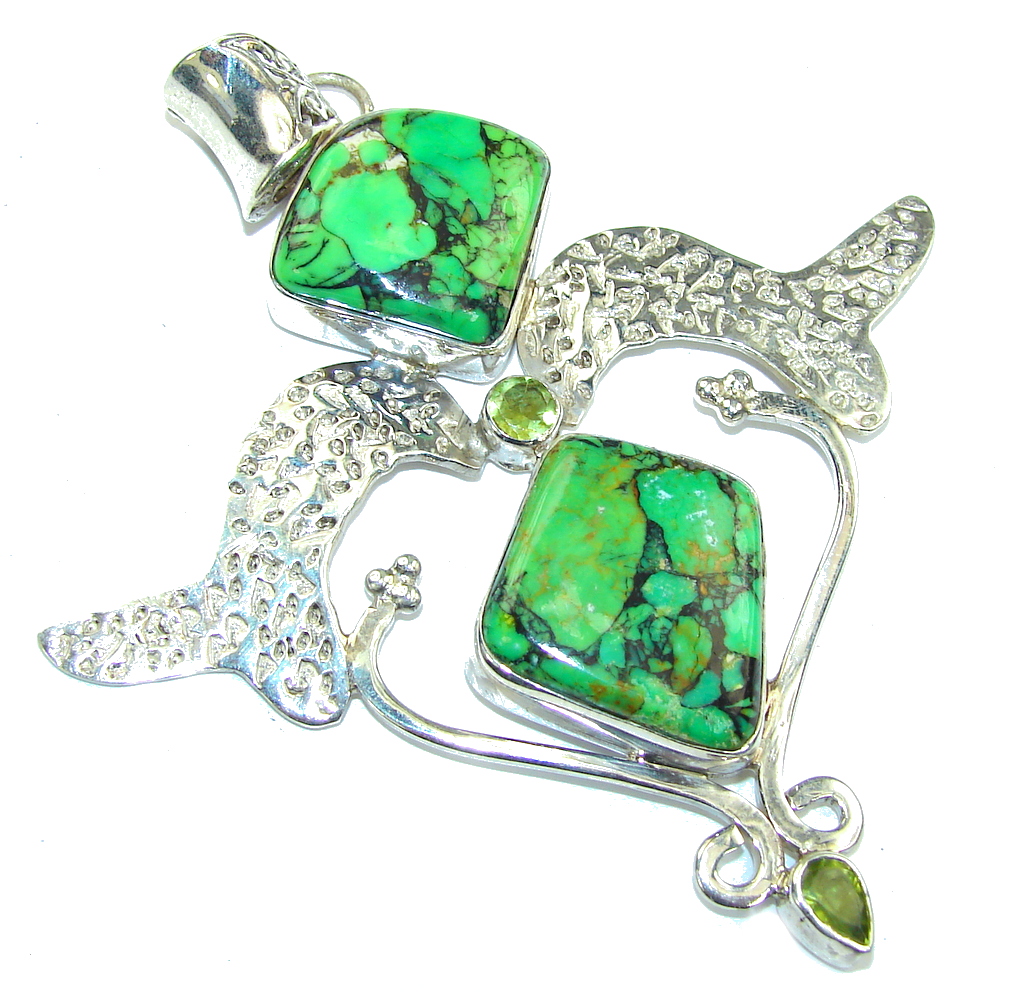 Large Unusual Green Turquoise Sterling Silver Pendant