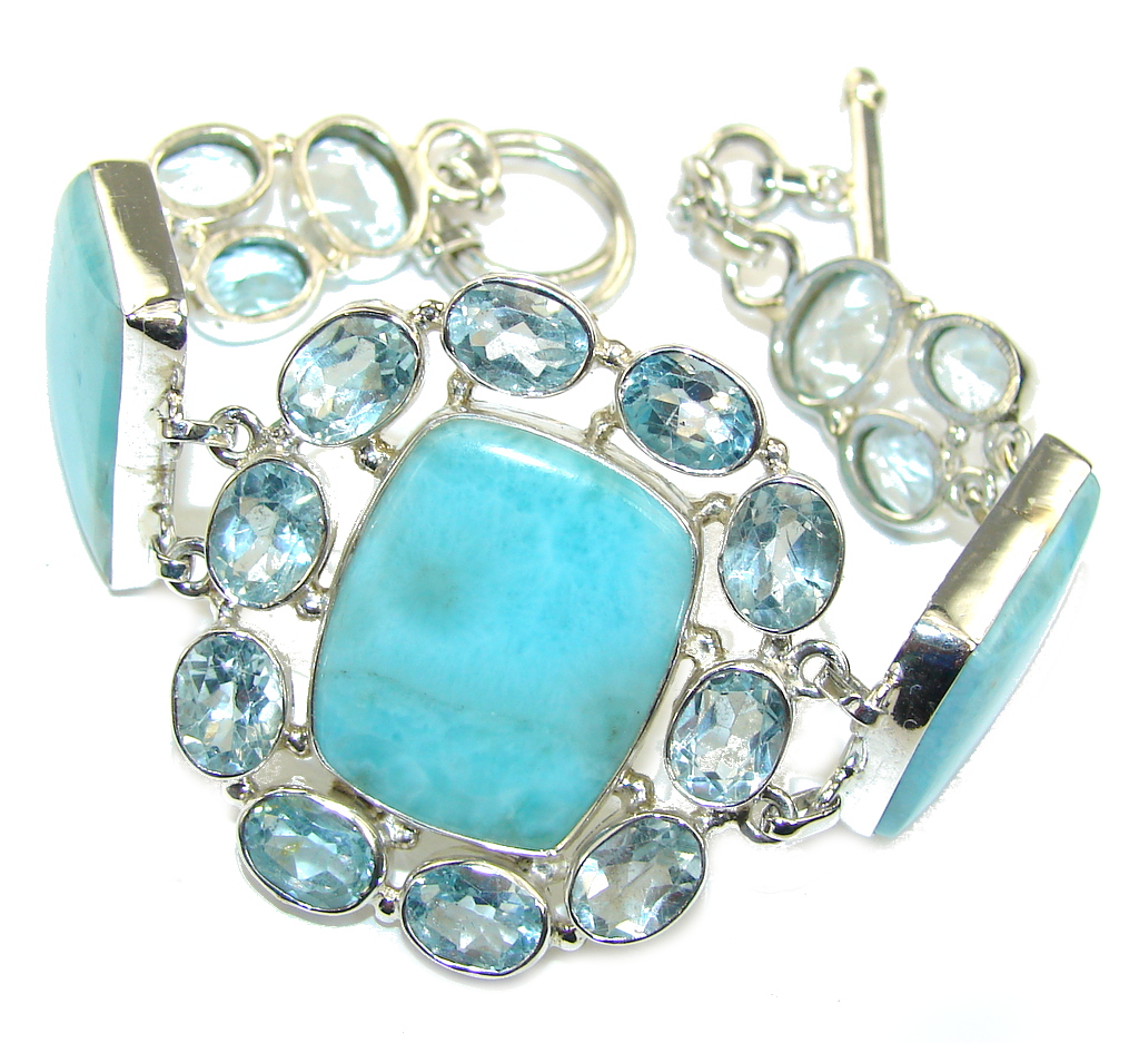 Caribbean sea Larimar & Swiss Blue Topaz Sterling Silver Bracelet