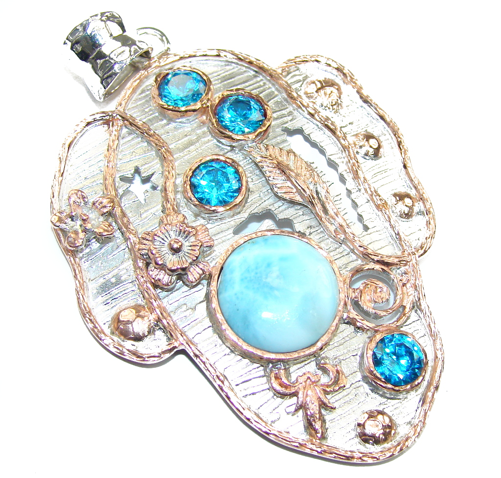 Caribbean Sea AAA Blue Larimar & Swiss Blue Topaz Sterling Silver Pendant