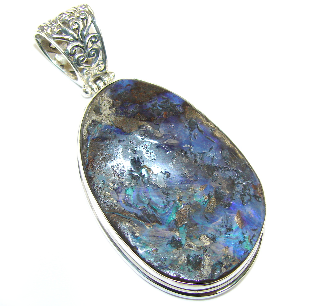 Huge Natural Australian Boulder Opal Sterling Silver Pendant