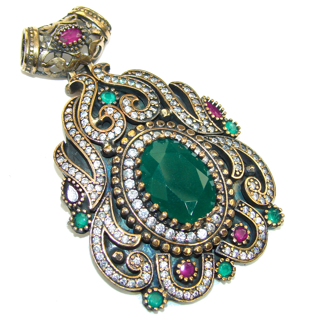Large! Victorian Style Red Ruby & Emerald & White Topaz Sterling Silver Pendant