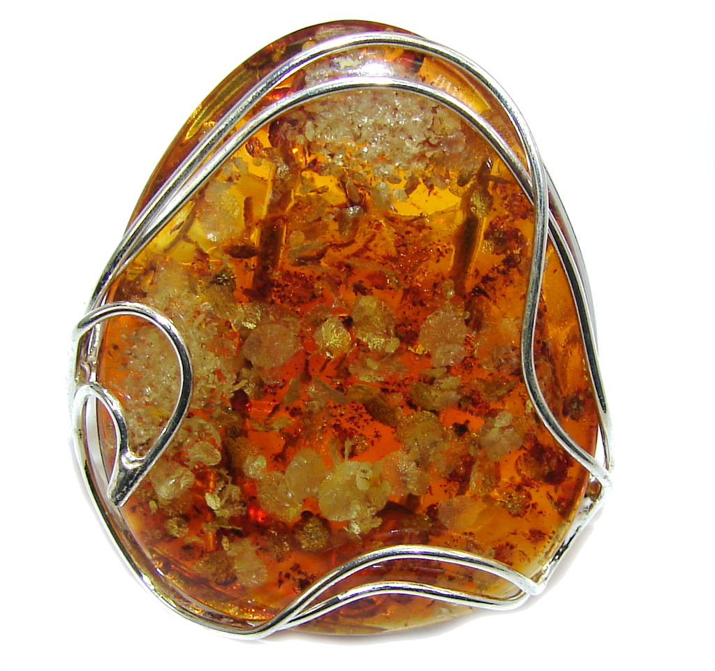 Big! Vintage Look AAA Green Polish Amber Sterling Silver Ring s. 8 3/4 - adjustable