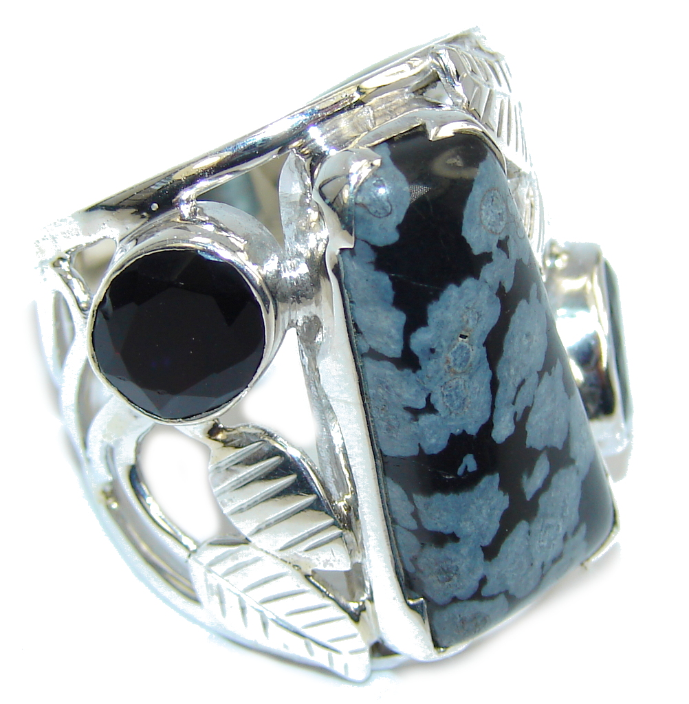 Excellent Black Snowflake Obsidian Sterling Silver ring s. 9