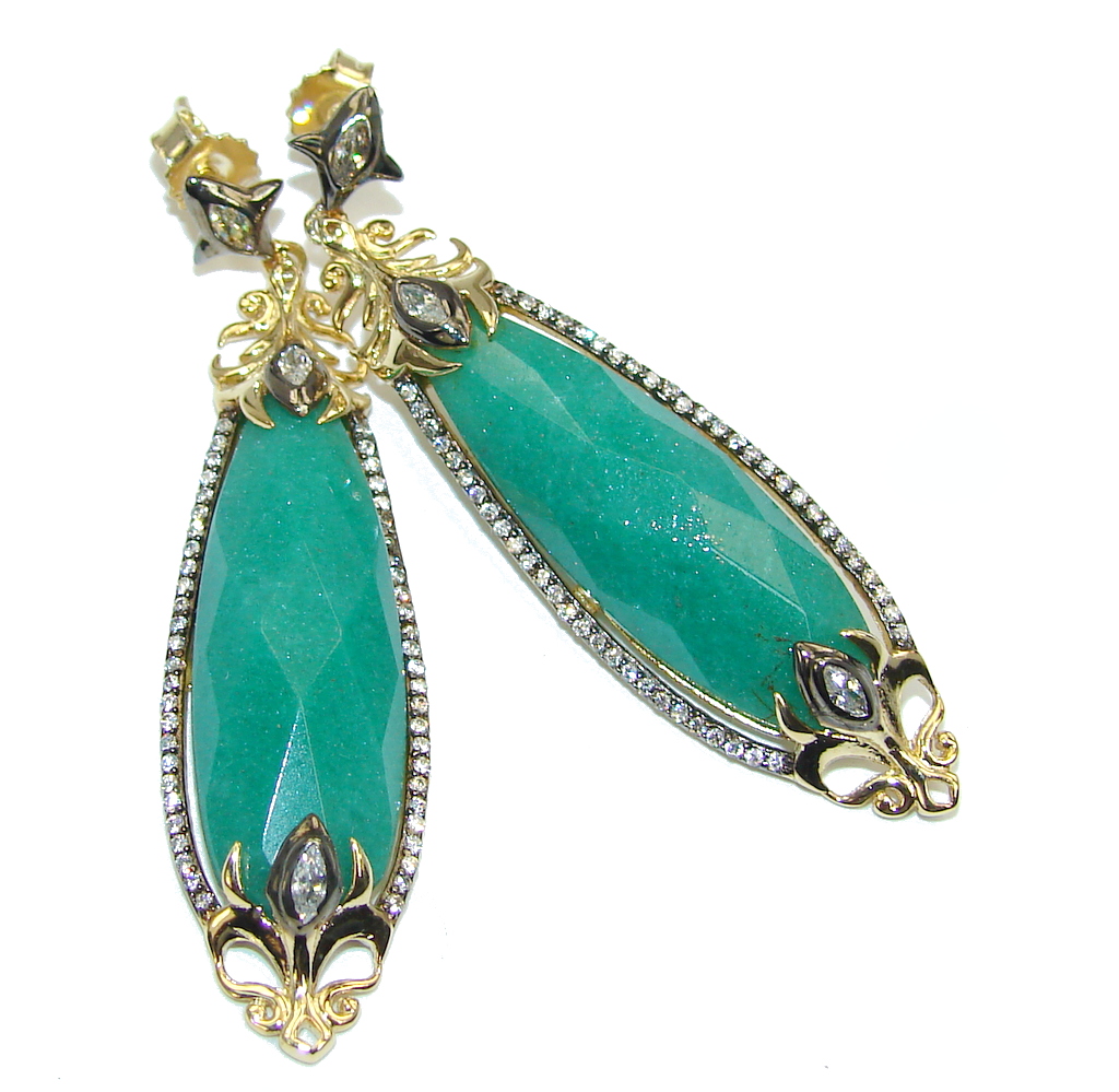 Excellent AAA Green Jade Two Tones Sterling Silver Earrings