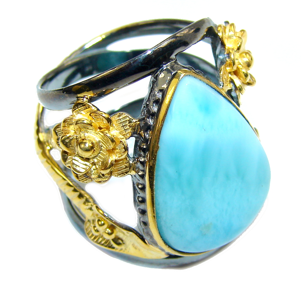 AAA Blue Larimar, Gold Plated, Rhodium Plated Sterling Silver Ring s. 8 1/4