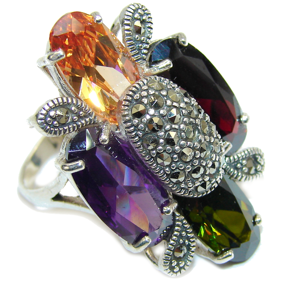 Big! Deep Secret AAA Garnet Quartz & Amethyst Quartz Sterling Silver Ring s. 8 1/2