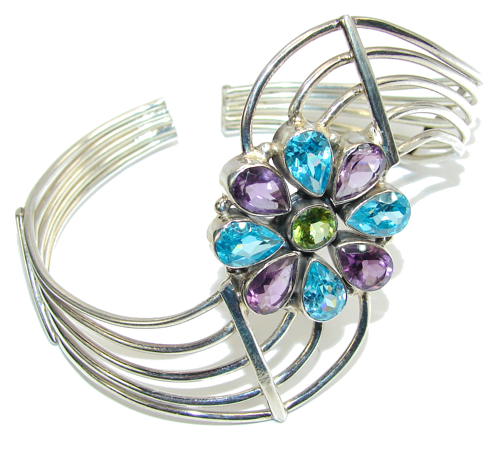 Beautiful Style Blue Topaz & Amethyst Sterling Silver Bracelet/ Cuff