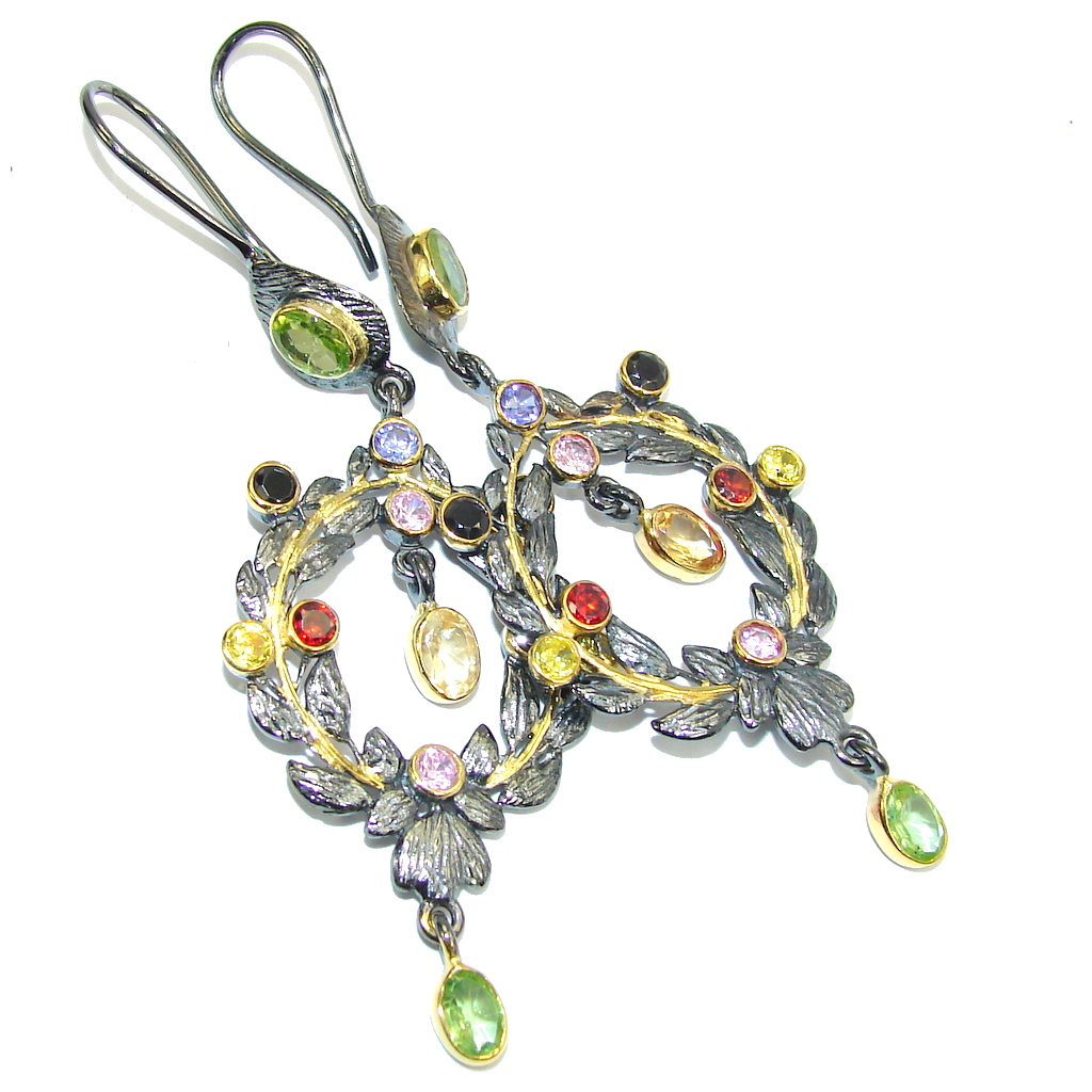 Secret Beauty AAA Red Garnet & Citrine & Peridot & Tanzanite, Gold Plated, Rhodium Plated Sterling Silver earrings / Long