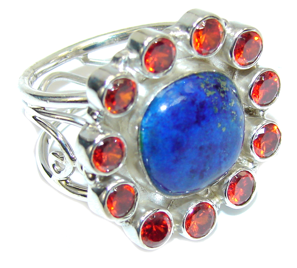 Excellent Blue Lapis Lazuli & Garnet Quartz Sterling Silver Ring s. 7 1/2