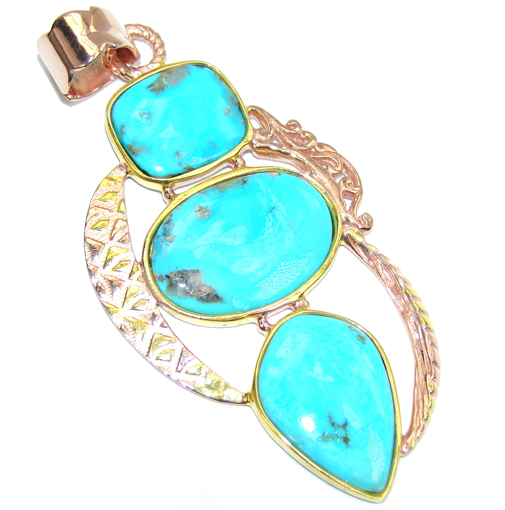 Sleeping Beauty Blue Turquoise, Rose & Gold Plated Sterling Silver Pendant
