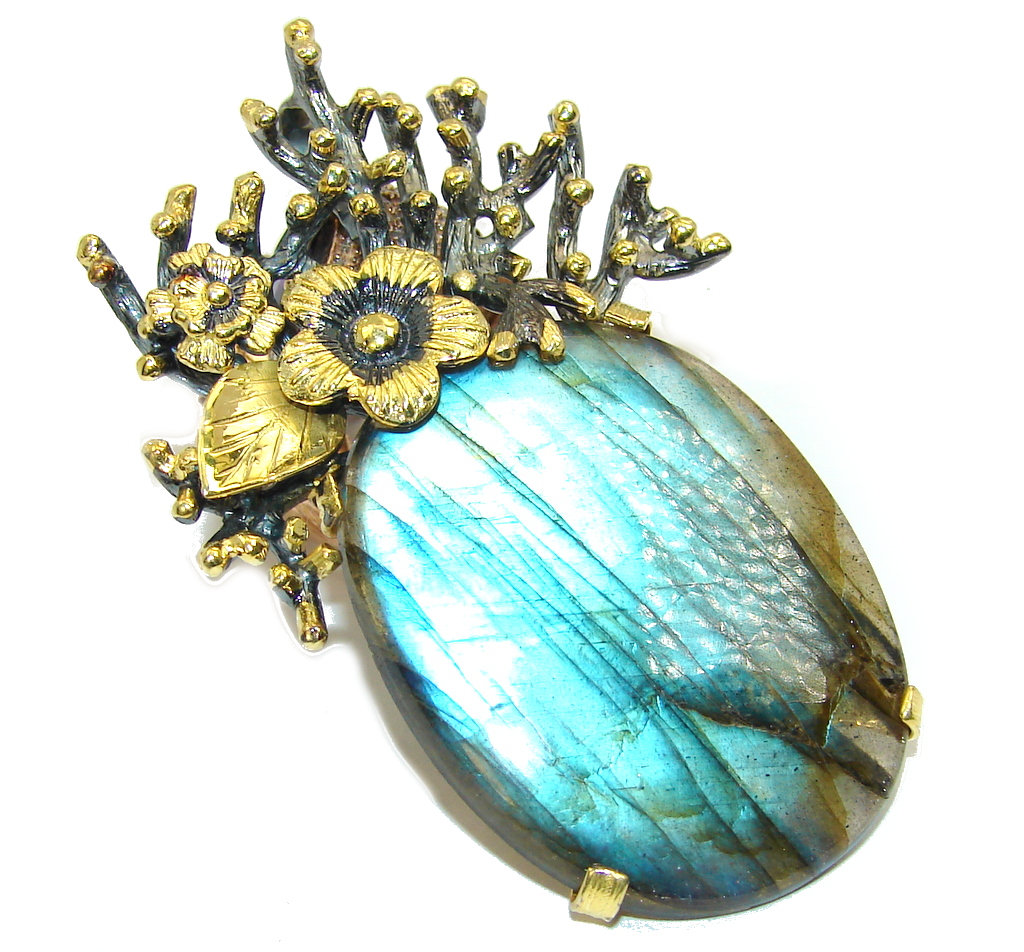Big! Exclusive AAA Blue Fire Labradorite, Gold Plated, Rhodium Plated Sterling Silver Pendant