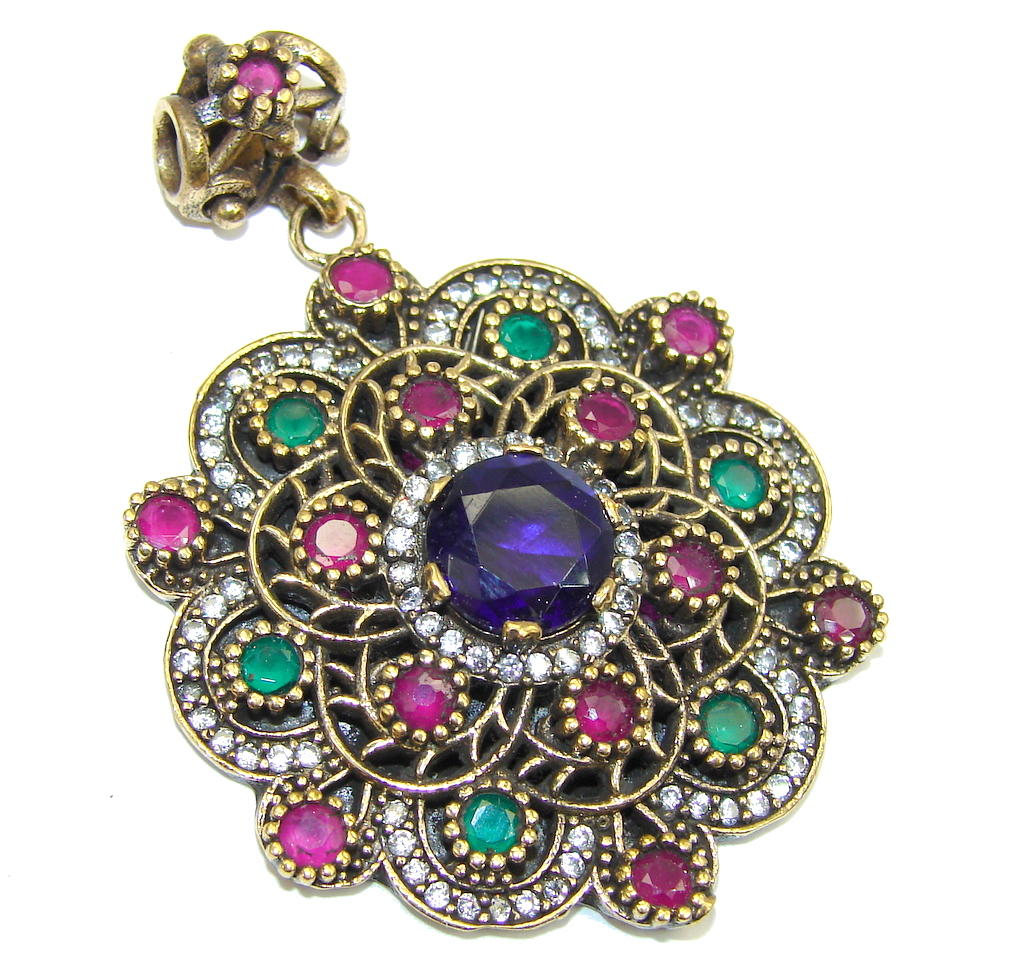 Victorian Style Sapphire Quartz, Ruby & Emerald, White Topaz Sterling Silver Pendant