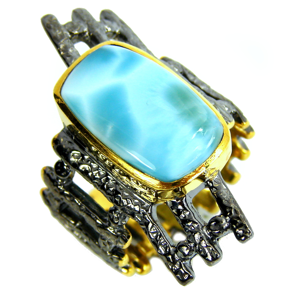 AAA Blue Larimar, Gold Plated, Rhodium Plated Sterling Silver Ring s. 9 1/4