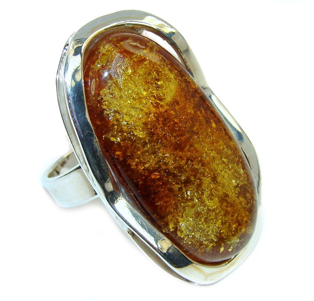 Big! Vintage Look AAA Green Polish Amber Sterling Silver Ring s. 7