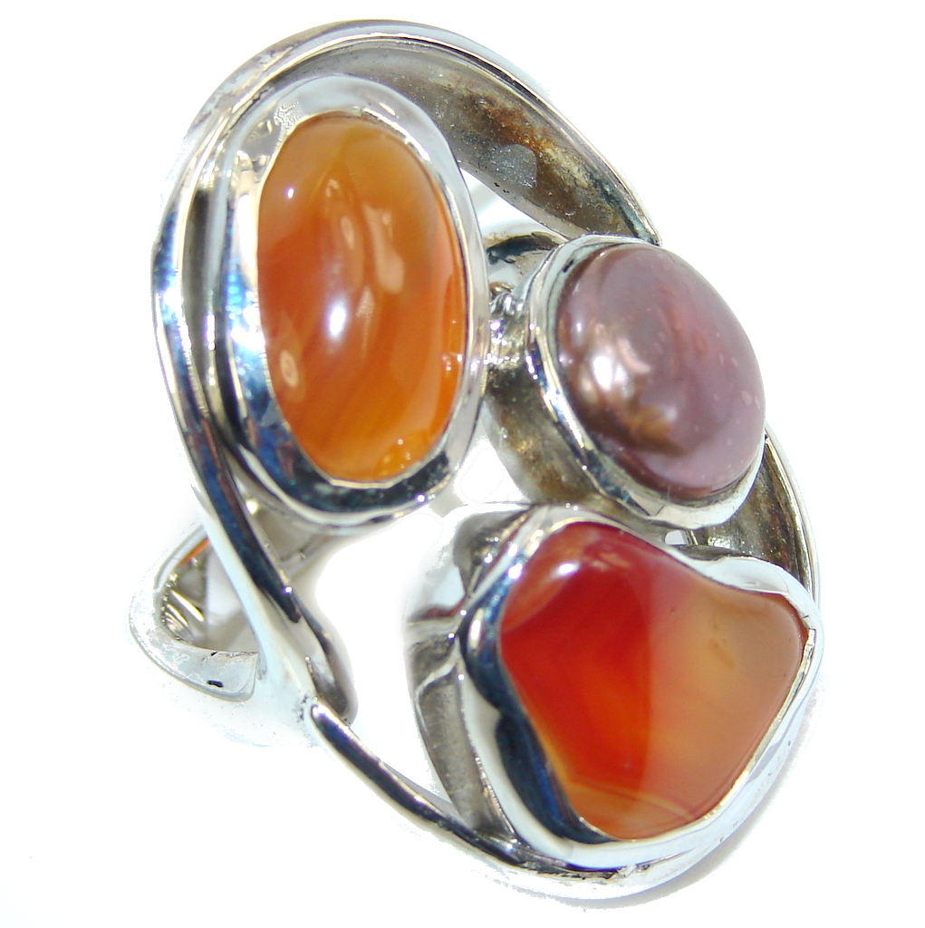 Big! Deep Secret AAA Carnelian & Mother of Pearl Sterling Silver Ring s. 8 1/2