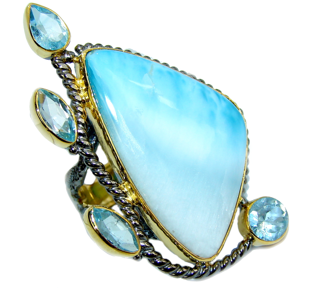 AAA Blue Larimar Swiss Blue Topaz Gold Plated, Rhodium Plated Sterling Silver Ring s. 8