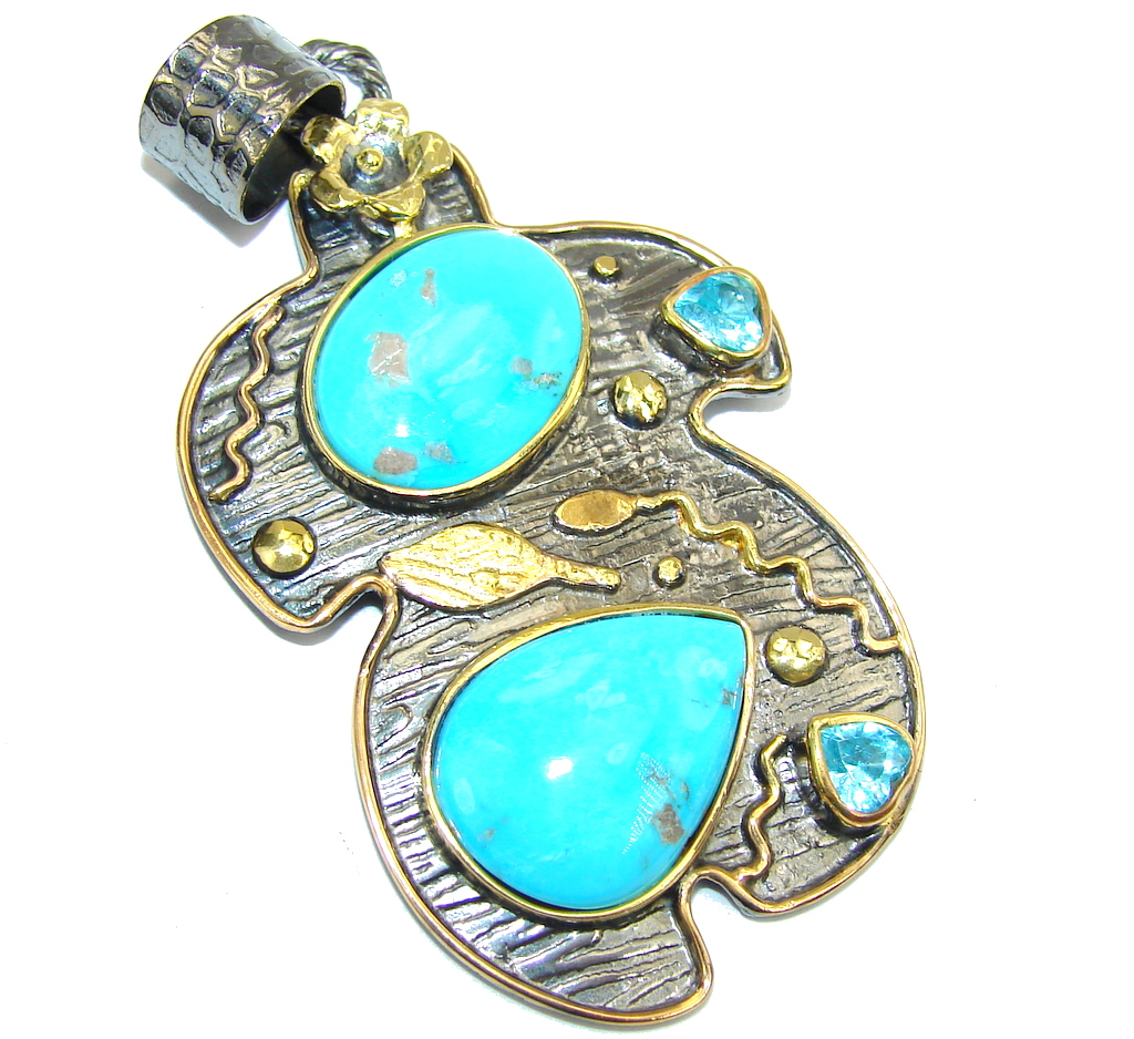 Stunning Sleeping Beauty AAA Blue Turquoise Gold Rhodium Plated Sterling Silver Pendant