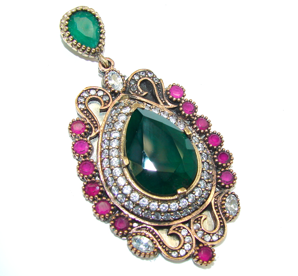 Large! Victorian Style Red Ruby & Emerald & White Topaz Sterling Silver Pendant