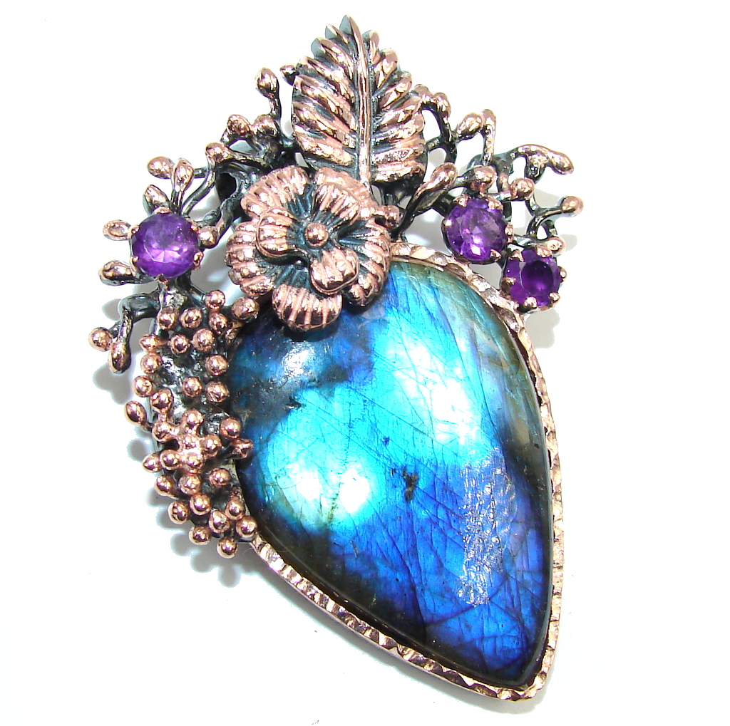 Golden Forest AAA Fire Labradorite Rose Gold plated Sterling Silver Pendant
