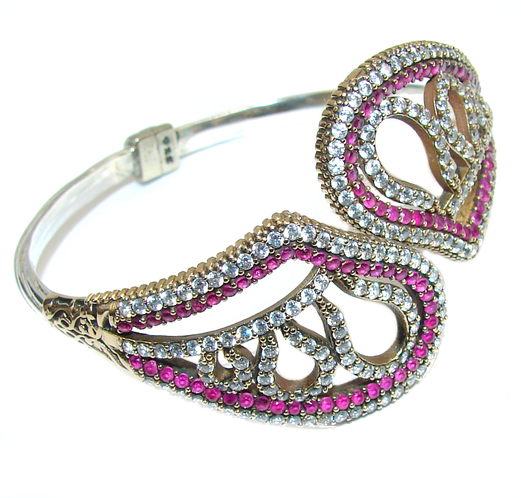 Victorian Style Ruby Quartz & White Topaz Sterling Silver Bracelet / Cuff