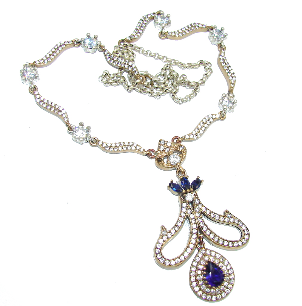 Victorian Style! Created Blue Sapphire & White Topaz Sterling Silver necklace