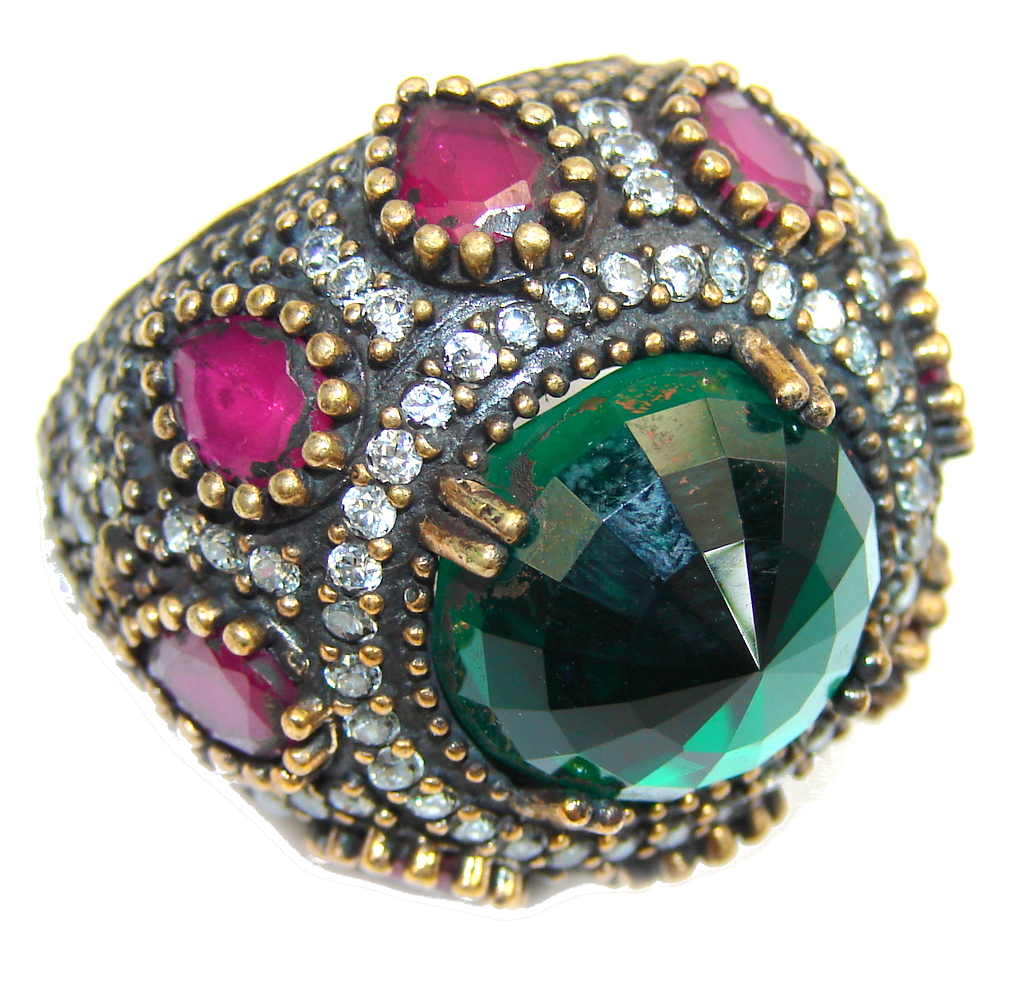 Big! Victorian Style! Created Emerald & White Topaz Sterling Silver Ring s. 7 1/2