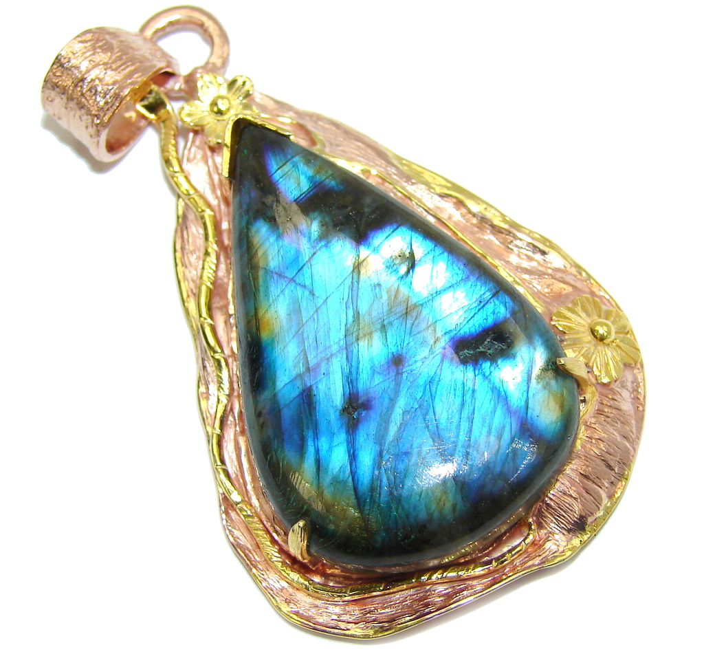 Big! Stunning AAA Blue Fire Labradorite, Rose & Gold Plated Sterling Silver Pendant