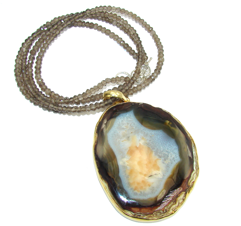 Big! Brazilian AAA Brown Agate & Smoky Topaz, Gold Plated Sterling Silver necklace