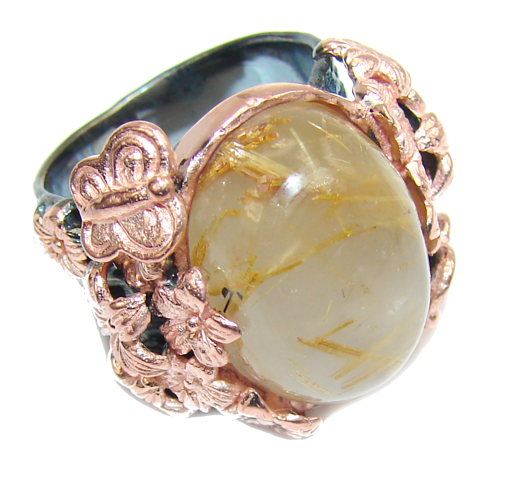 Beautiful AAA Golden Rutilated Quartz, Rose Gold Plated, Rhodium Plated Sterling Silver Ring s. 6