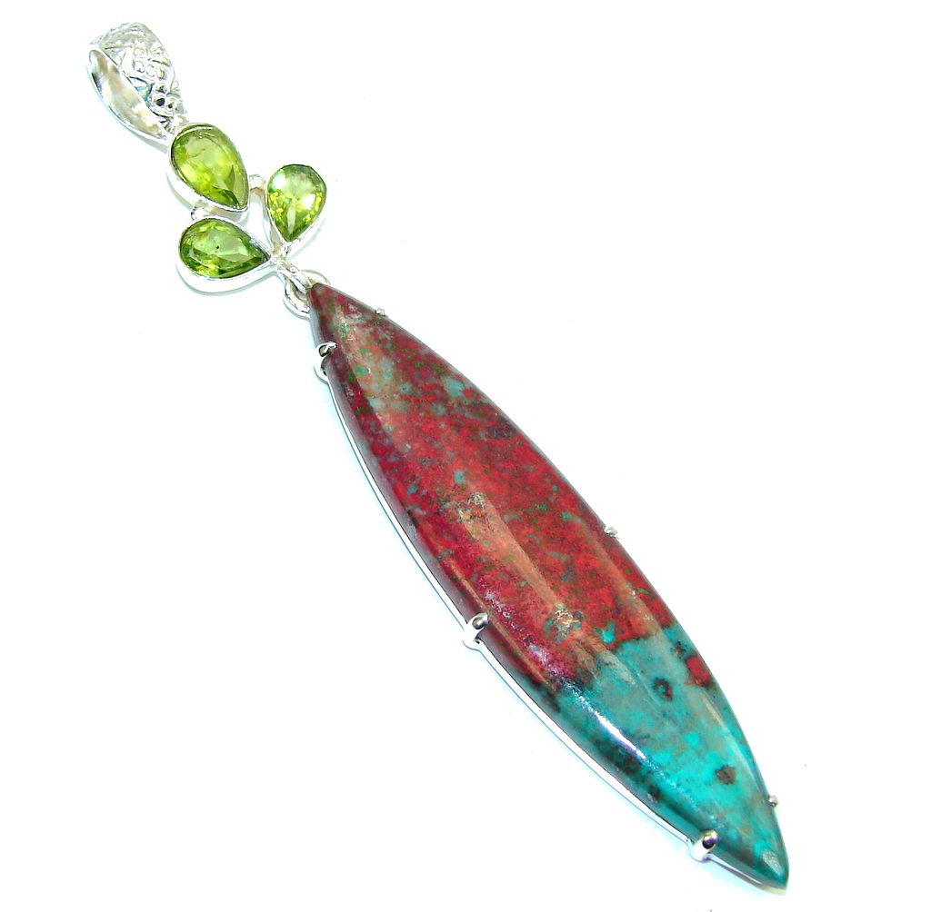 Fantastic Red Sonora Jasper & Peridot Sterling Silver Pendant / Long