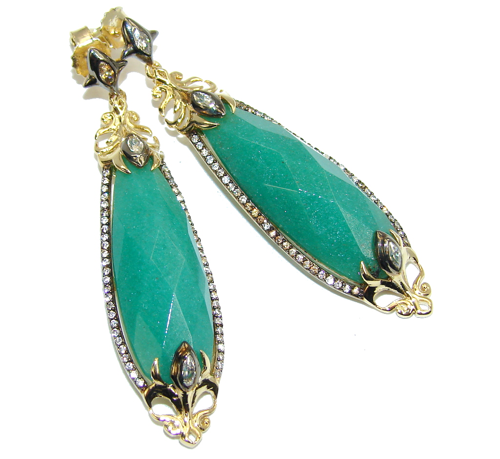 Excellent AAA Green Jade Two Tones Sterling Silver Earrings