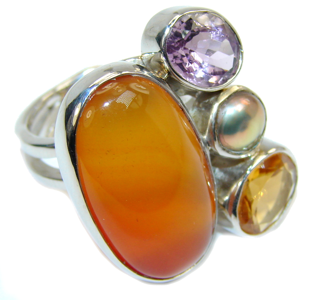Big! Precious Orange Carnelian Sterling Silver ring s. 7 adjustable
