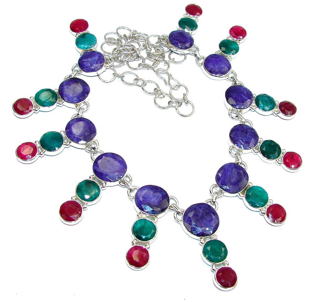 Fabulous Emerald, Ruby, Sapphire Sterling Silver necklace