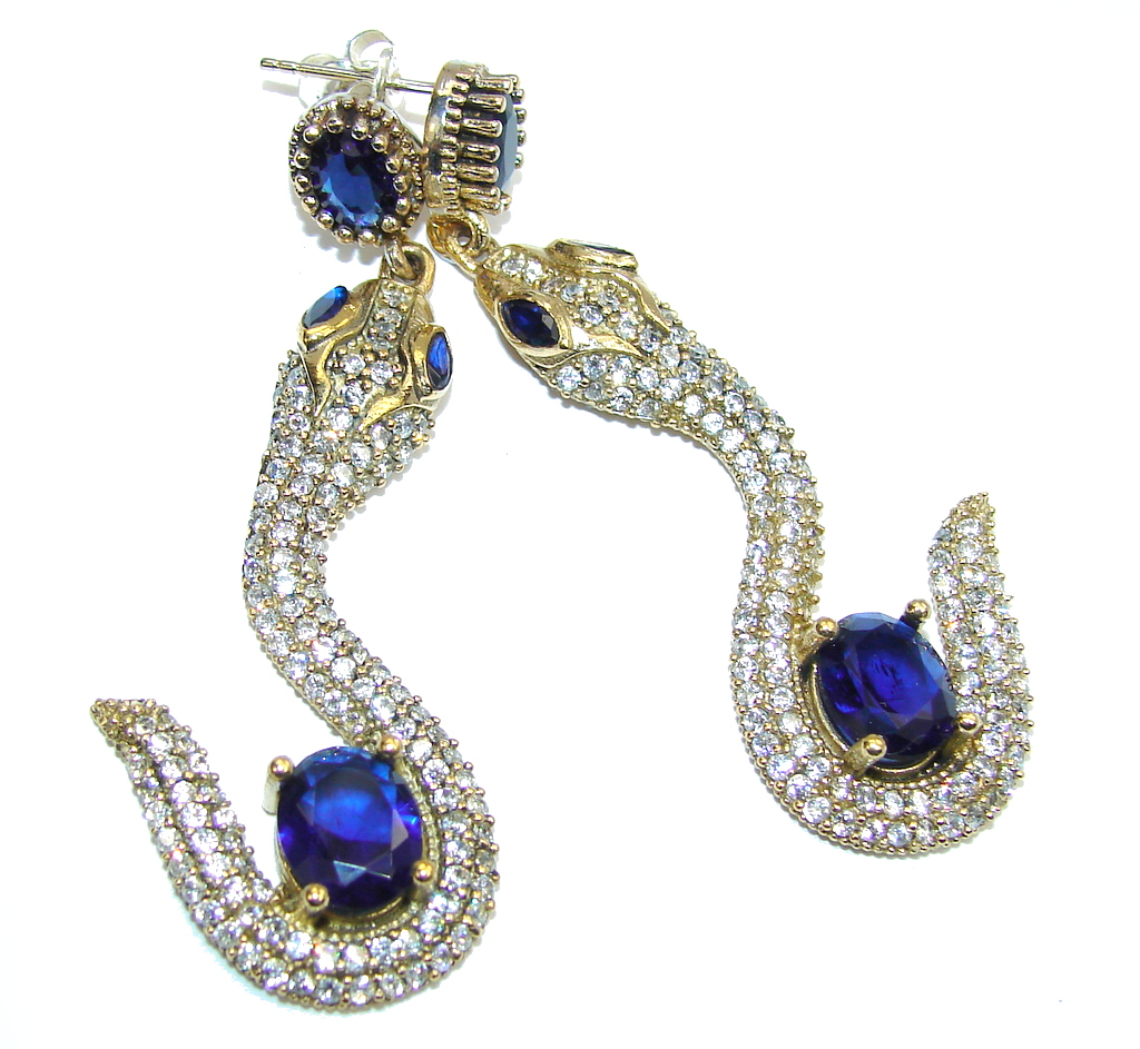 Victorian Style! Snakes Sapphire & White Topaz Sterling Silver earrings