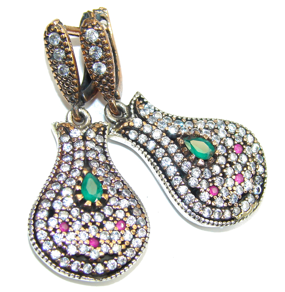 Victorian Style Emerald & White Topaz Sterling Silver earrings