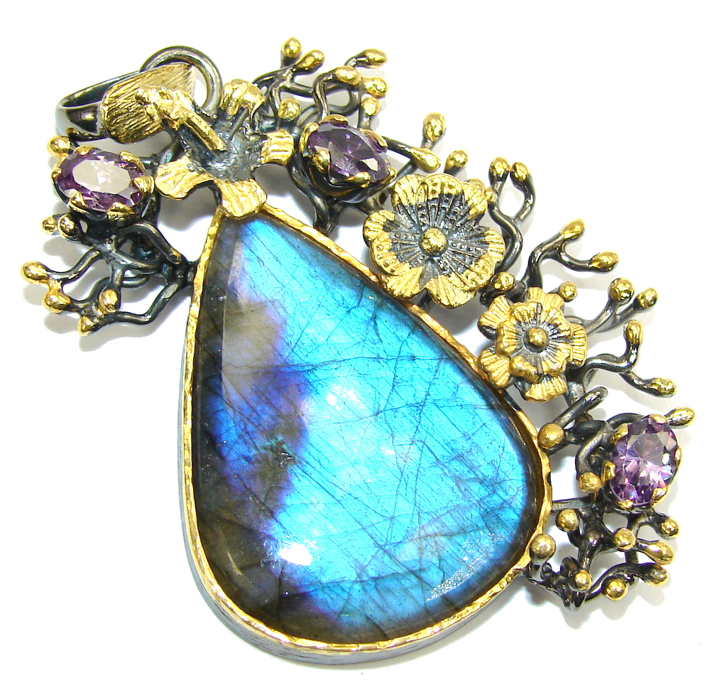 Big! Stunning AAA Blue Fire Labradorite, Gold Plated Sterling Silver Pendant