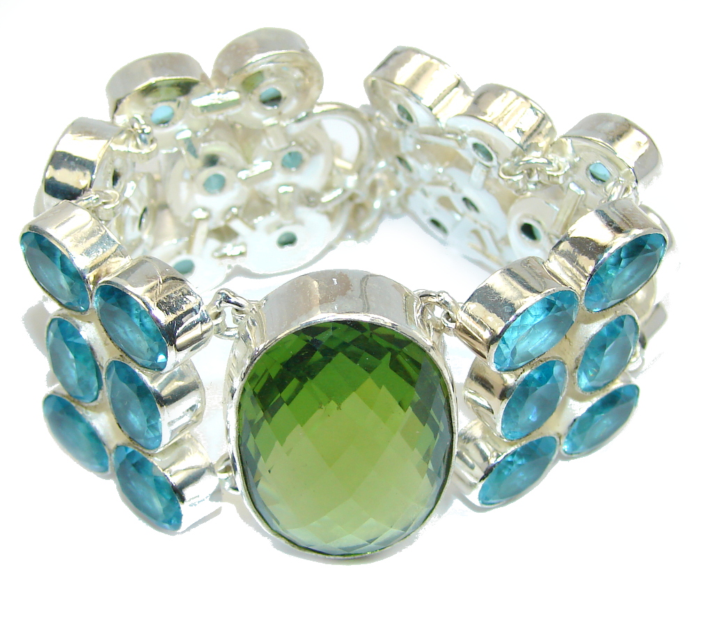 Green Island! Green Quartz & Blue Topaz Sterling Silver Bracelet