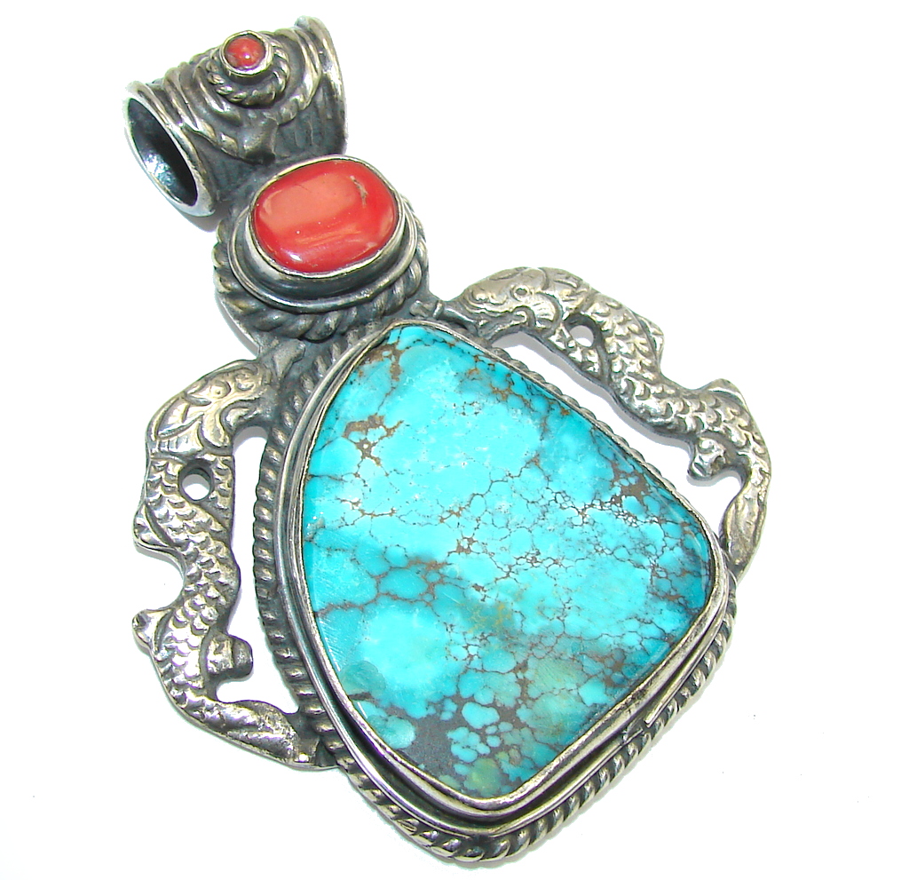 Big! Fashion Blue Turquoise Sterling Silver Pendant