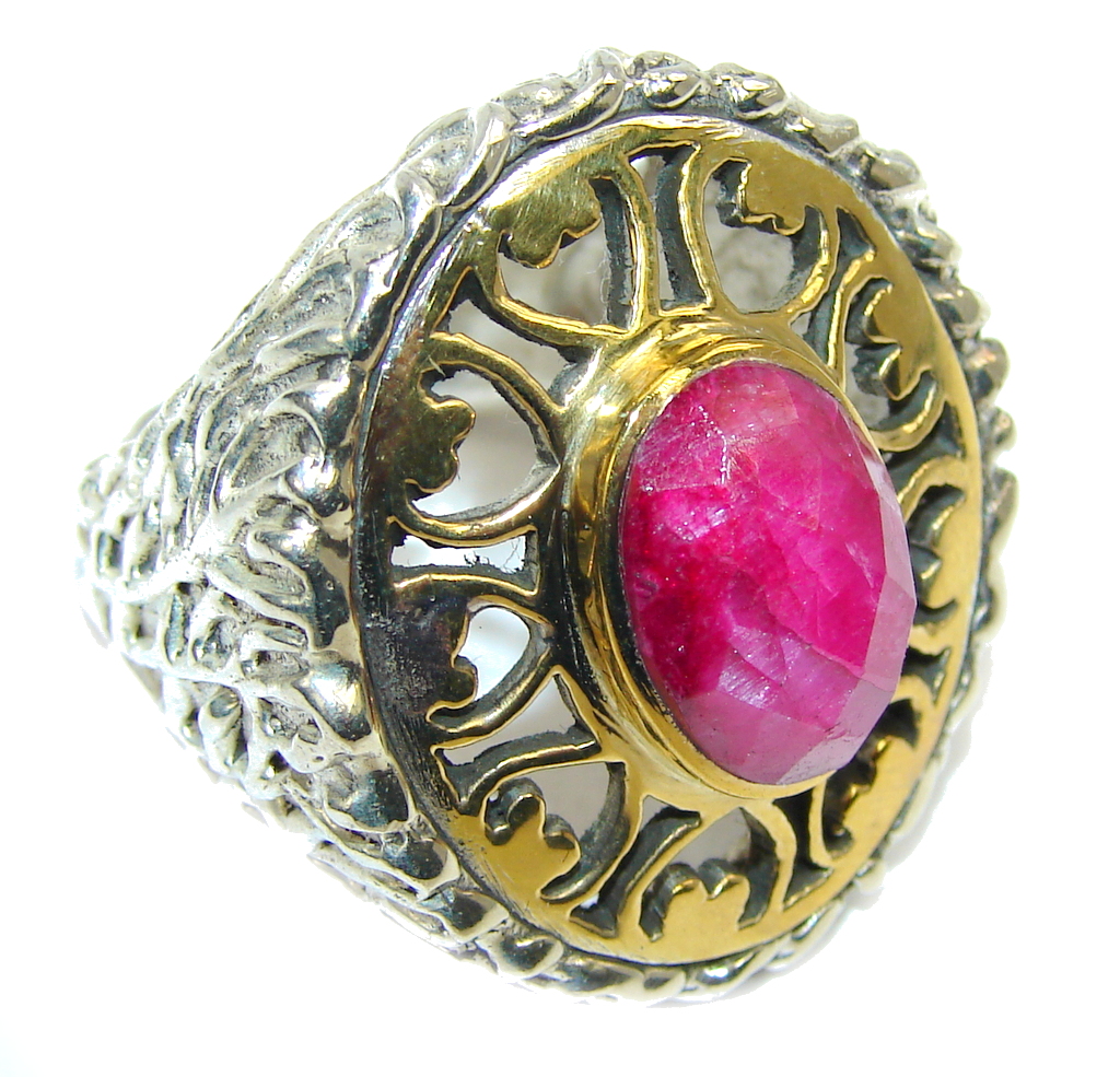 Big! Stunning Pink Ruby, Two Tones Sterling Silver Ring s. 8 1/4